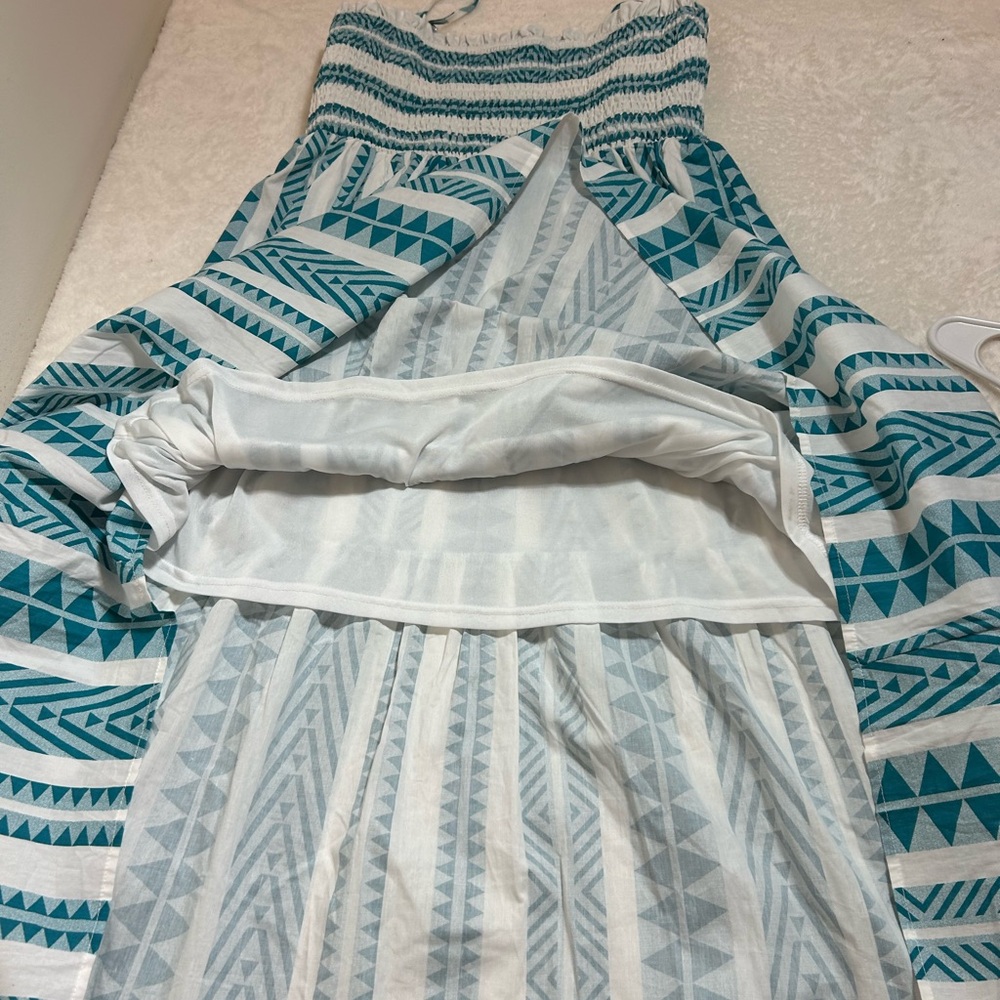 Umgee Teal Blue/White Aztec Print Smocked Bust Tiered Midi Sundress Size Large - Picture 8 of 8